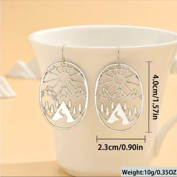 Boho Hollow Cut Metal Oval Mountain Scene Drop Earrings - Picture 2 of 6